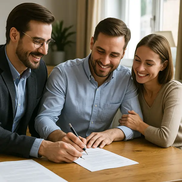 Agent immobilier et clients signant un contrat